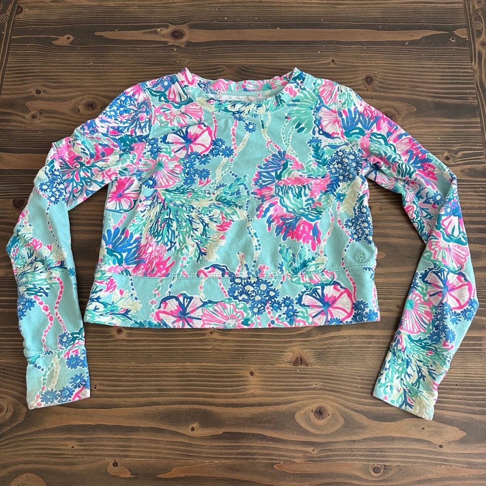 Lilly Pulitzer Alex Pullover Womens XXS Blue Pink Floral Cropped Sweatshirt - Picture 1 of 9